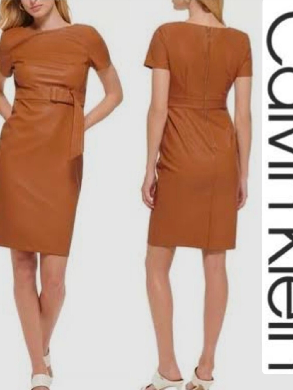 Calvin Klein Faux-Leather Belted Midi Dress